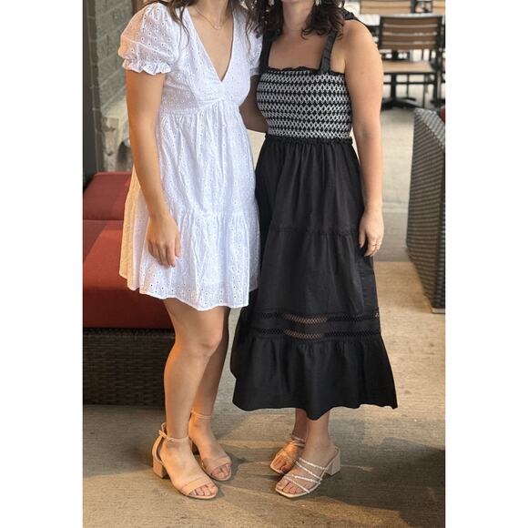 PETER SOM COLLECTIVE Black White Lace Detail A-Line Smocked Midi Dress Size S - Picture 4 of 15